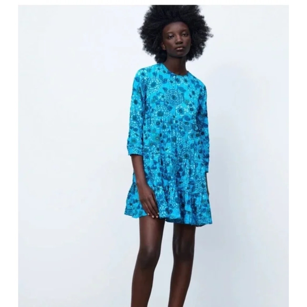 Zara Blue Floral Flounce Dress Tiered Mini Summer Resort Casual Short Size Xs